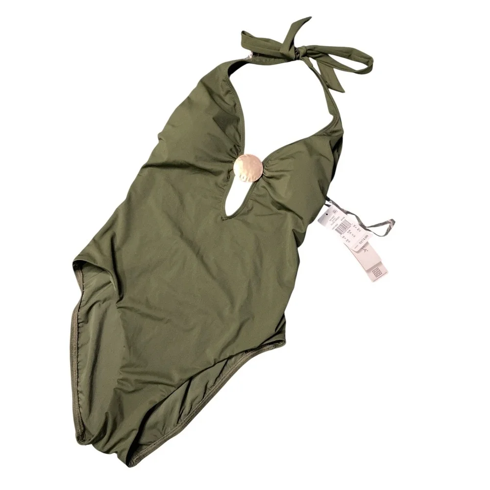 Amoressa Bianca One Piece Swimsuit Olive Green Halter Gold Ring 6514027 New 6